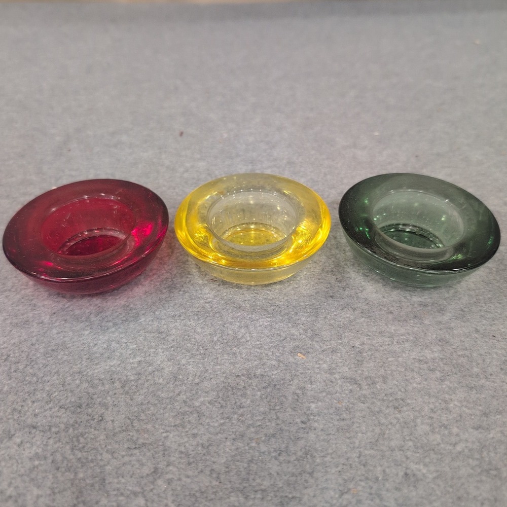 Vintage Set of 3 Glass Tealight Candle Holders Red Yellow Green Small Votive - Picture 1 of 2